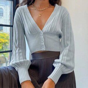 Aritzia Wilfred Thais Knit Plunge Sweater Cardigan Wool Cotton Light Blue Size L